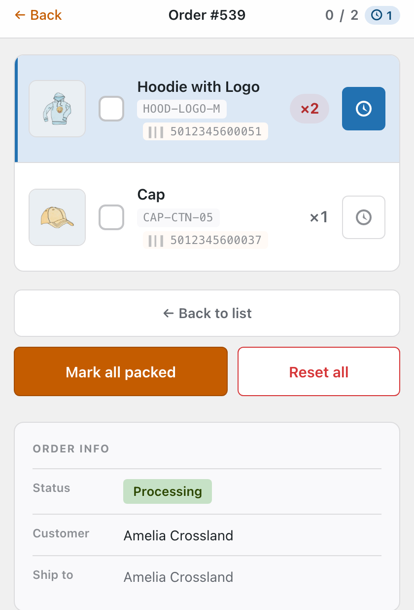 Order #539 on a phone with Hoodie with Logo flagged Awaiting stock: the row has a blue background, a blue left edge and a lit blue clock button. The top bar reads 0 / 2 with a blue clock badge showing 1 awaiting. A Cap below is still to pack with a grey clock.