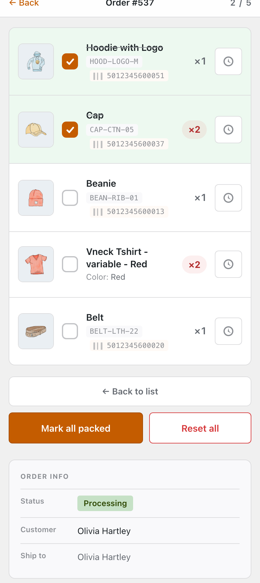 The Pack Orders checklist for order #537 on a phone: two items (Hoodie with Logo and Cap) ticked and struck through, three still to pack, each row showing a product thumbnail, SKU, GTIN barcode, quantity and an Awaiting-stock clock; a 2 of 5 progress counter at the top and Mark all packed / Reset all buttons below.