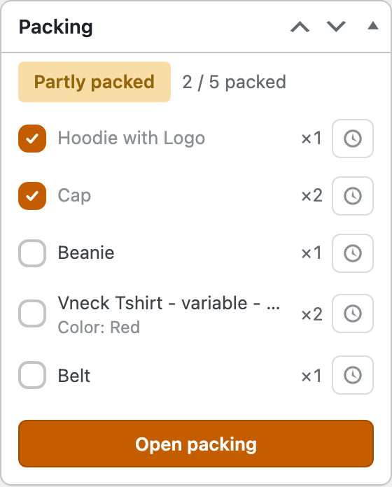 The Packing panel in an order's sidebar: a Partly packed badge with 2 / 5 packed, a checklist of five items (two ticked) each with quantity and an awaiting clock, and an Open packing button.