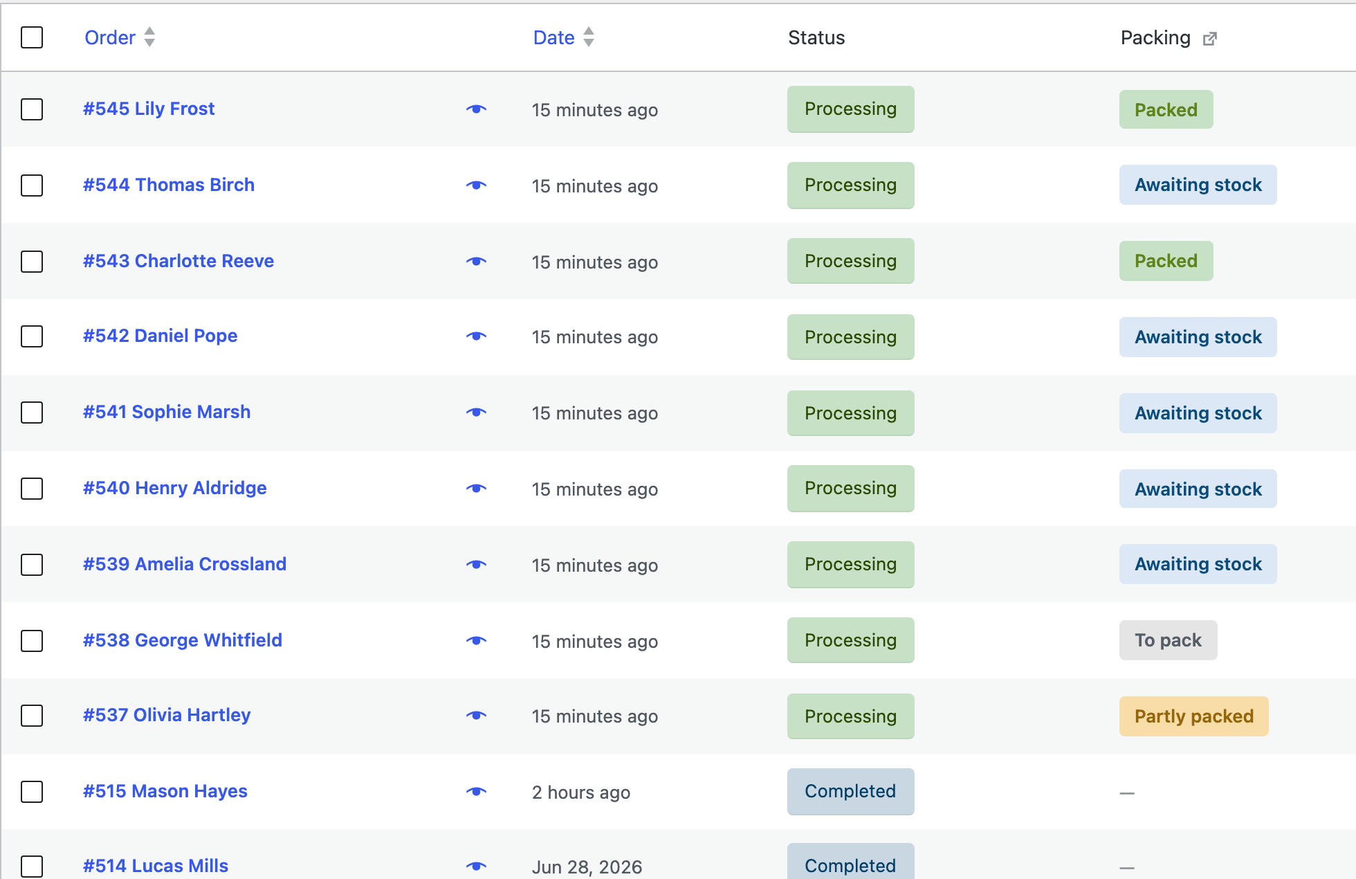The WooCommerce Orders screen with a Packing column after Status. Processing orders show packing badges — Packed (green), Awaiting stock (blue), To pack (grey), Partly packed (amber) — while Completed orders show an em-dash because they aren't in a packable status.