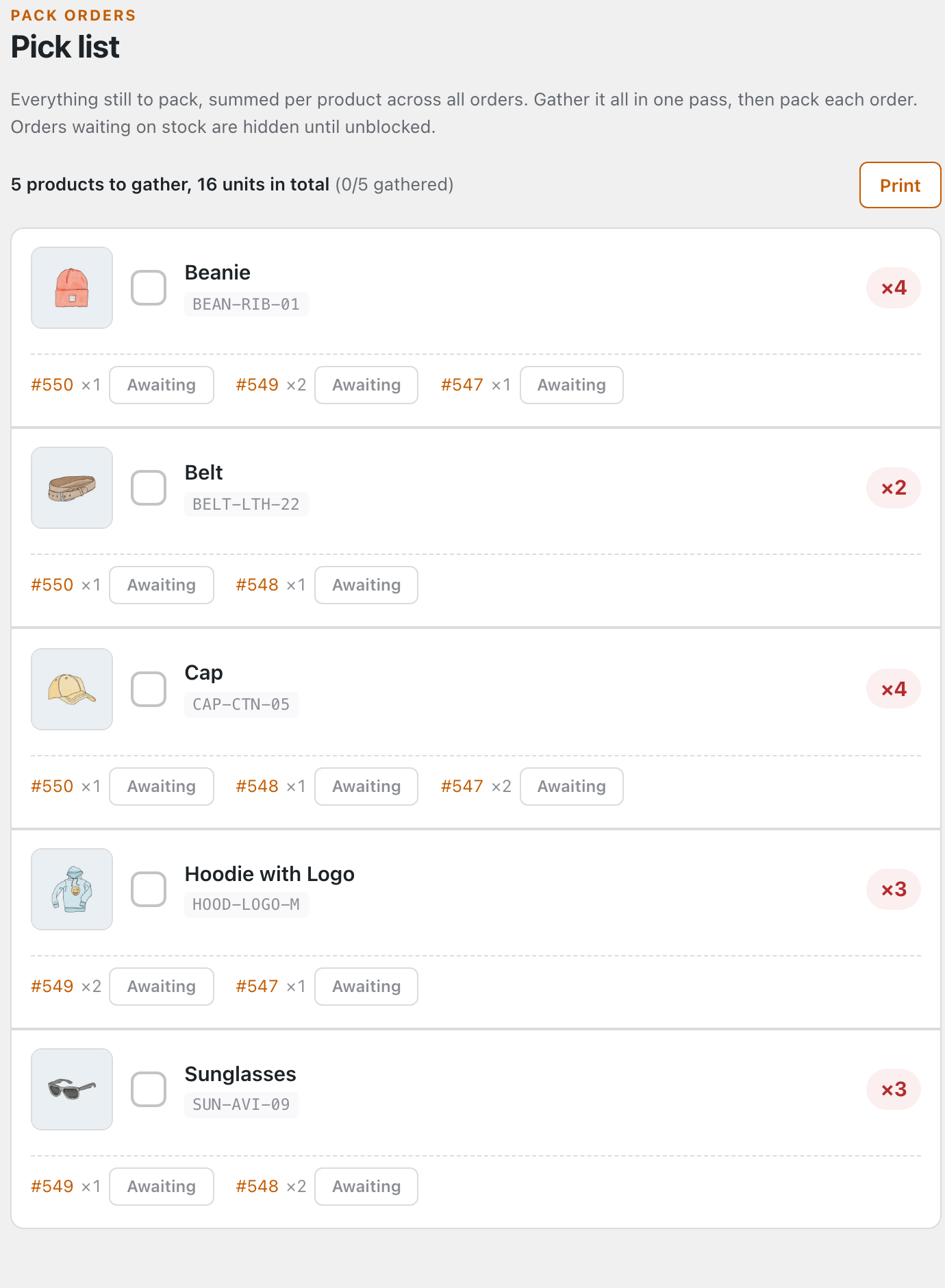 The Pick list screen reading 5 products to gather, 16 units in total, with a Print button. Five product cards — Beanie ×4, Belt ×2, Cap ×4, Hoodie with Logo ×3 and Sunglasses ×3 — each with a thumbnail, SKU, a gather checkbox and a total badge. Below each, the orders that want it (e.g. Cap: #550 ×1, #548 ×1, #547 ×2) with an Awaiting button on every line.
