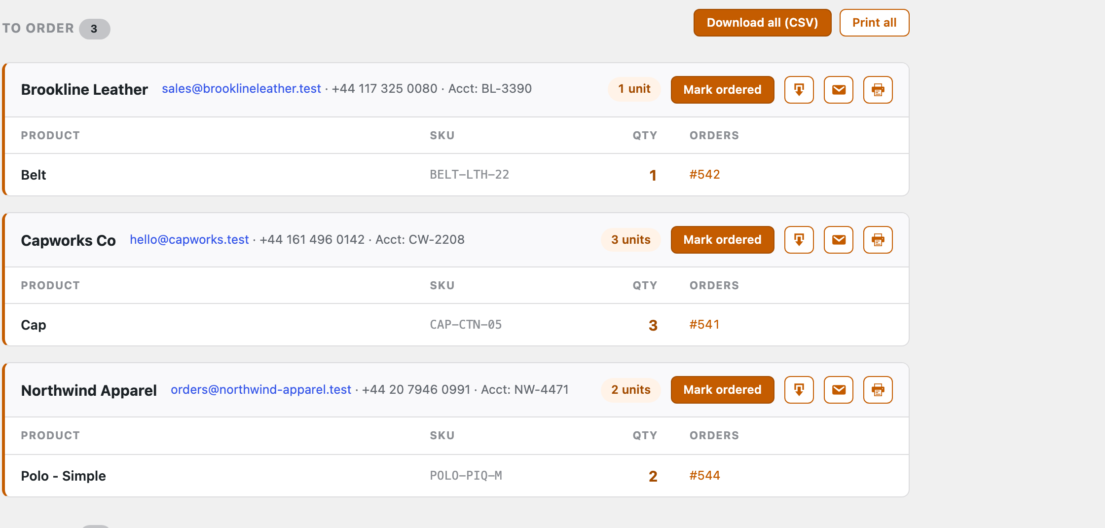 The To order section of the Re-order list, with Download all (CSV) and Print all buttons. Three supplier cards — Brookline Leather (1 unit: Belt, order #542), Capworks Co (3 units: Cap, #541) and Northwind Apparel (2 units: Polo, #544) — each showing the supplier's email, phone and account number, a units badge, a Mark ordered button and CSV / email / print icons.