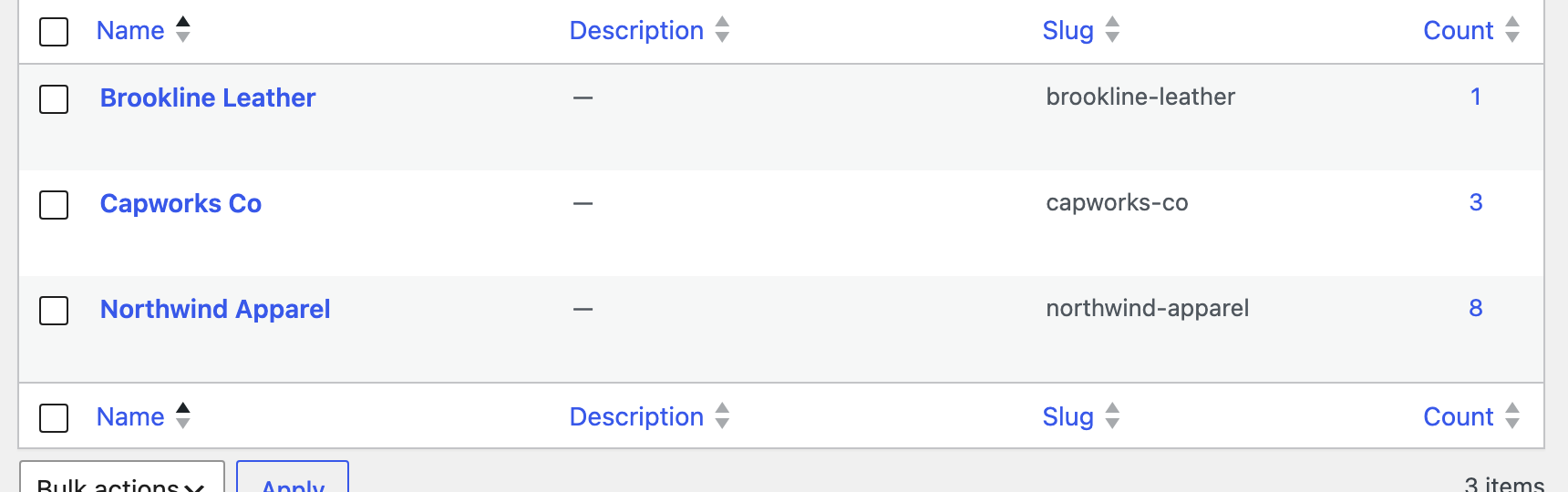 The Suppliers directory under Products: a table listing Brookline Leather (1 product), Capworks Co (3 products) and Northwind Apparel (8 products), each with a Name, Slug and Count column.