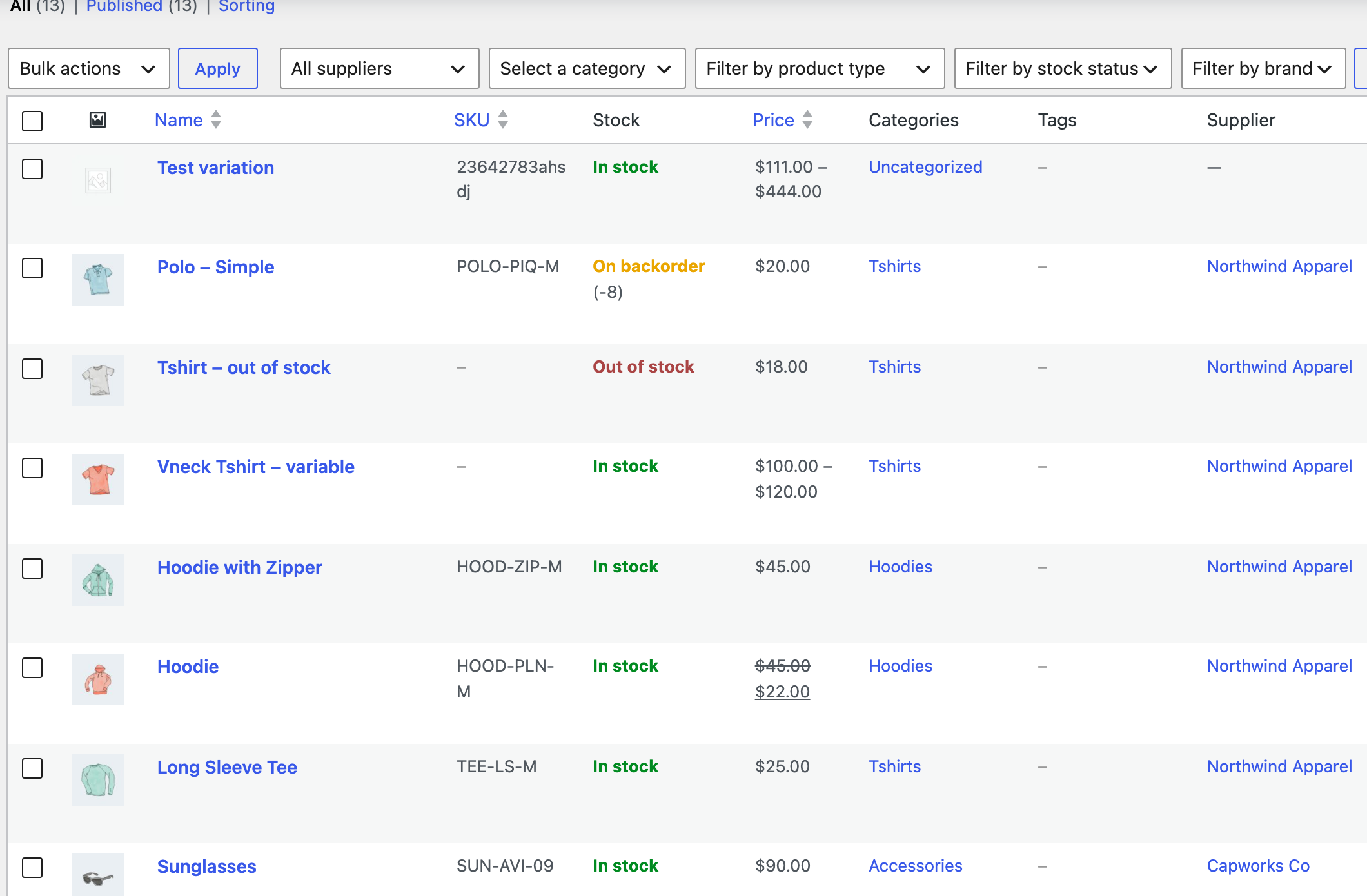 The WooCommerce Products list with an All suppliers filter in the toolbar and a Supplier column. Most apparel products (Polo, Tshirt, Vneck, hoodies, Long Sleeve Tee) are assigned to Northwind Apparel; Sunglasses to Capworks Co; the unassigned Test variation shows a dash.