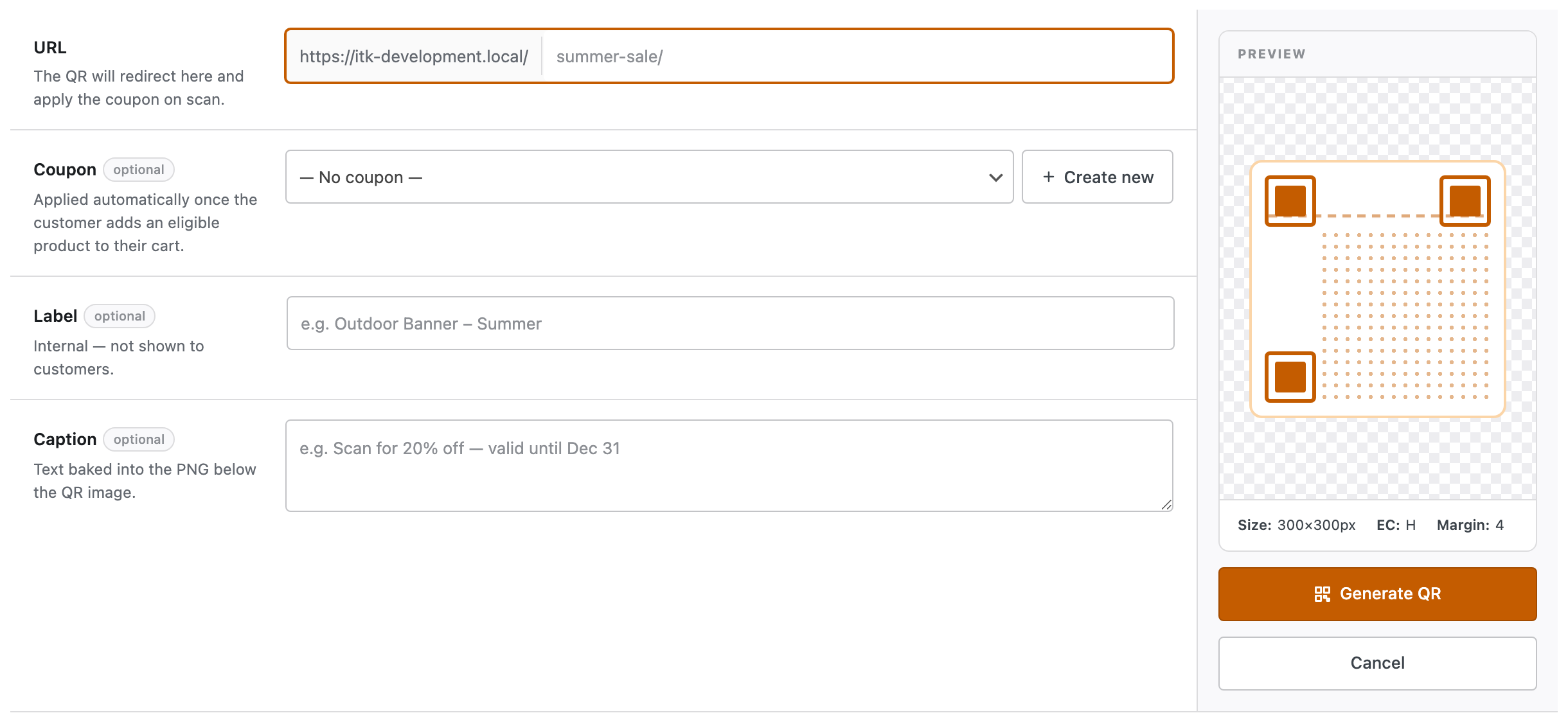 The campaign QR generator: a URL field with the fixed site address as a prefix and an editable path (placeholder summer-sale/), an optional coupon selector, label and caption fields, and a live QR preview with a Generate QR button.