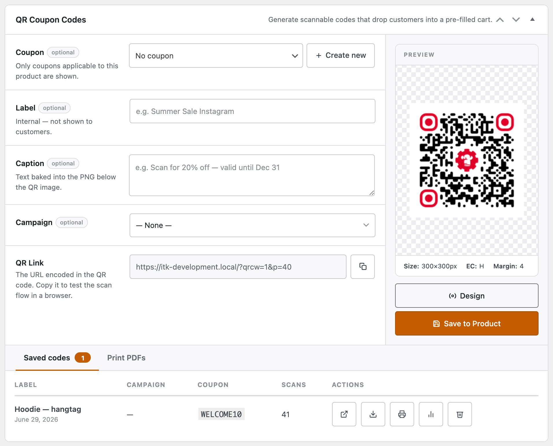 The QR Coupon Codes panel on a WooCommerce product edit screen: Coupon, Label, Caption and Campaign fields on the left, a freshly generated branded QR in the preview with its scan link and a Save to Product button on the right, and a list of saved codes below.
