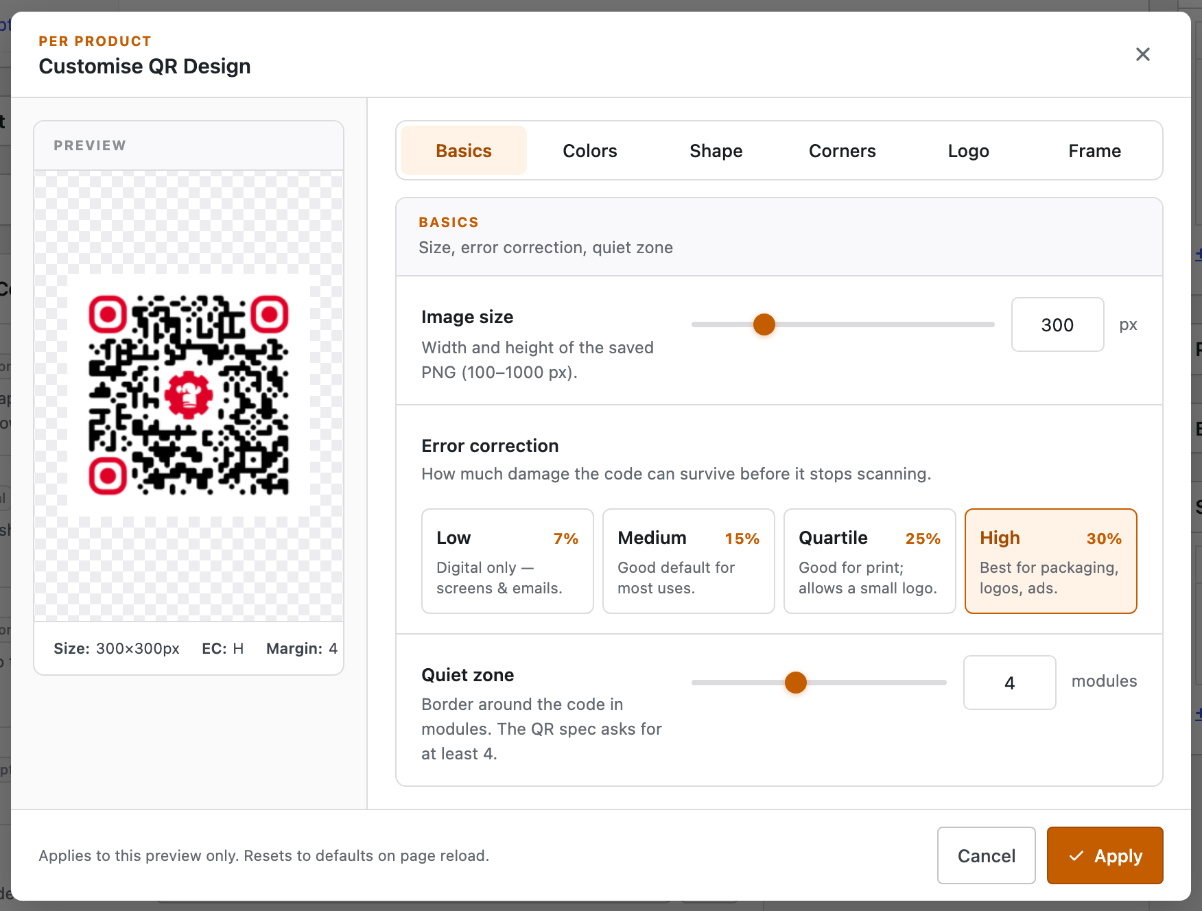The Customise QR Design dialog opened from a product's QR panel: a Per product label, a live branded QR preview on the left, and the same Basics, Colors, Shape, Corners, Logo and Frame tabs on the right, with Cancel and Apply buttons.