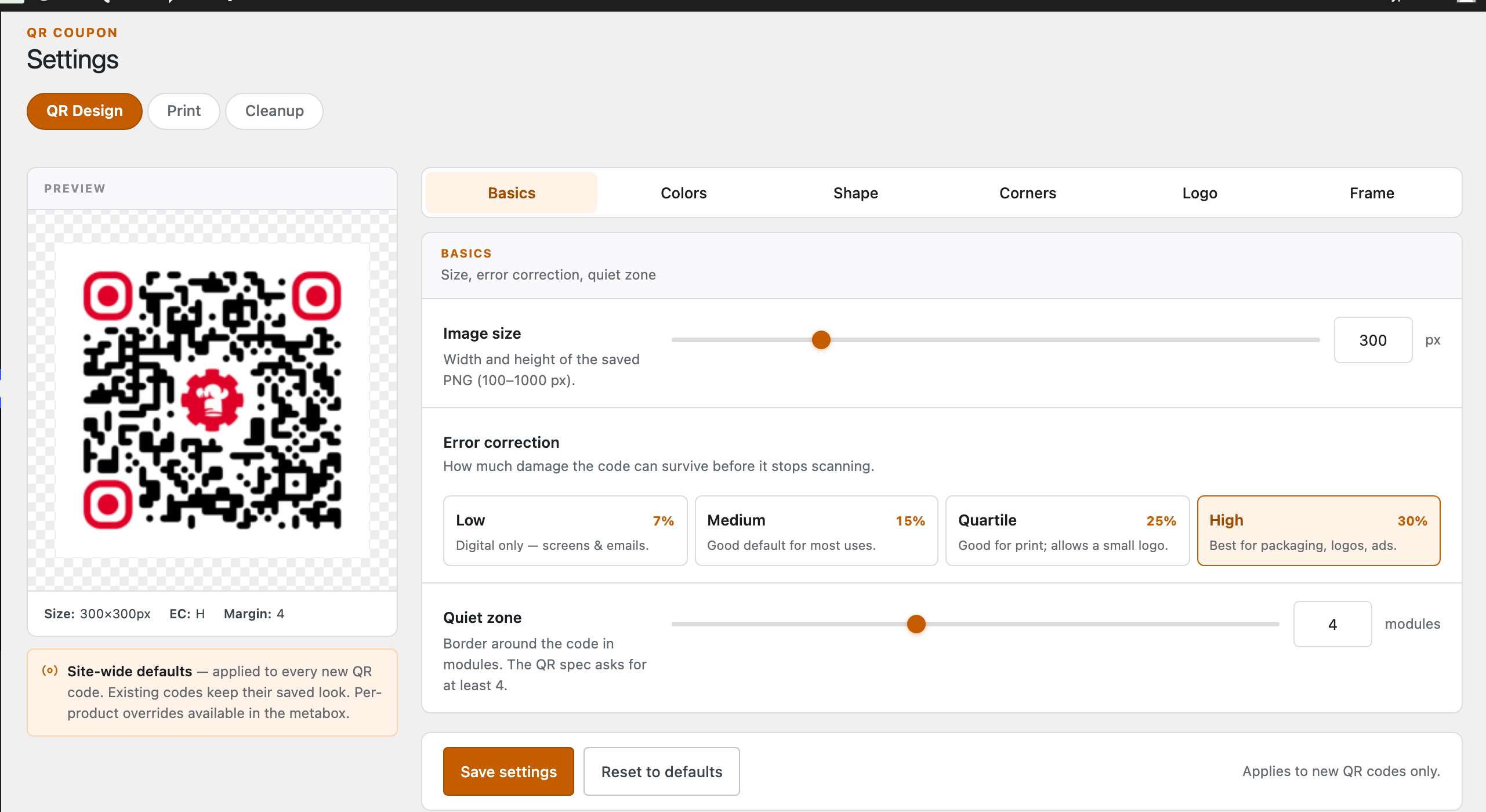 The QR Coupon Settings screen on the QR Design tab: a live preview of a branded QR code on the left, and tabbed controls — Basics, Colors, Shape, Corners, Logo, Frame — on the right, with the Basics panel showing image size, error correction and quiet zone.