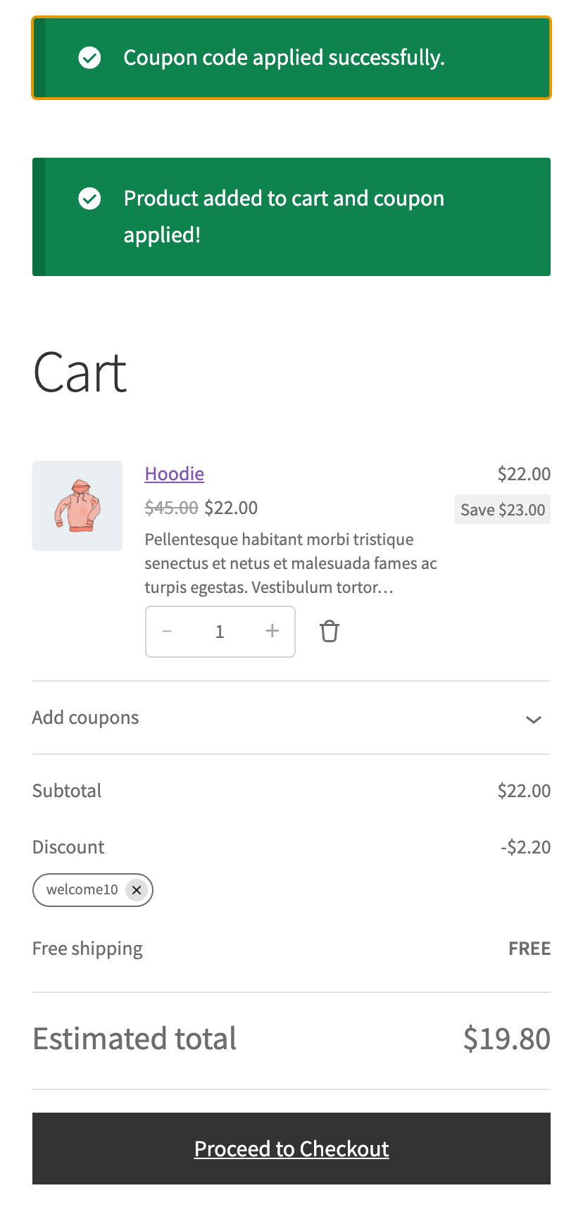 A phone showing the WooCommerce cart right after scanning a QR Coupon: a hoodie added to the cart with the WELCOME10 coupon applied and the discount shown in the totals.