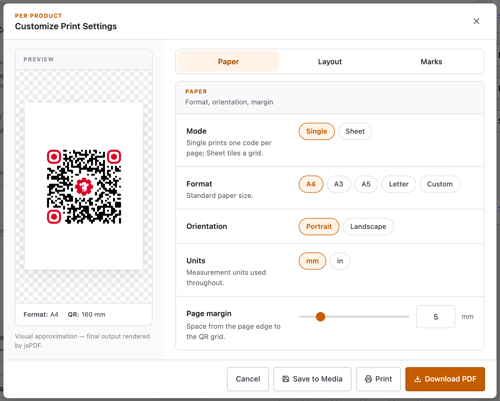 The Customize Print Settings window for one product code: a live paper preview on the left showing a single QR centred on an A4 page, and a Paper panel on the right with Mode (Single / Sheet), Format (A4, A3, A5, Letter, Custom), Orientation, Units and Page margin. Footer buttons: Cancel, Save to Media, Print, Download PDF.
