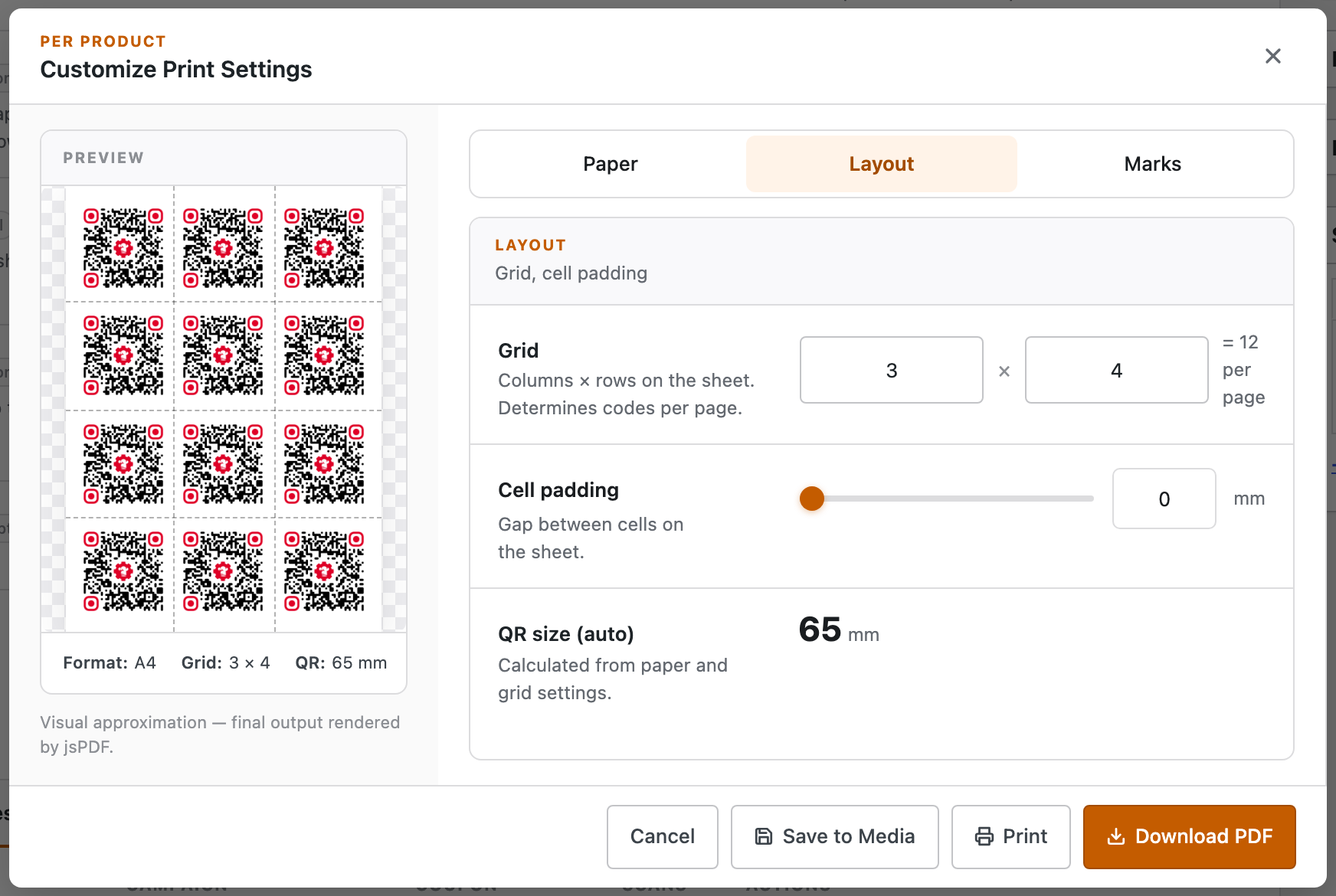 The same print window in Sheet mode: the preview shows one QR code tiled into a 3-by-4 grid of twelve identical copies with dashed cut lines, and the Layout panel sets the grid to 3 columns by 4 rows (= 12 per page), a cell-padding slider, and an auto-calculated QR size of 65 mm.