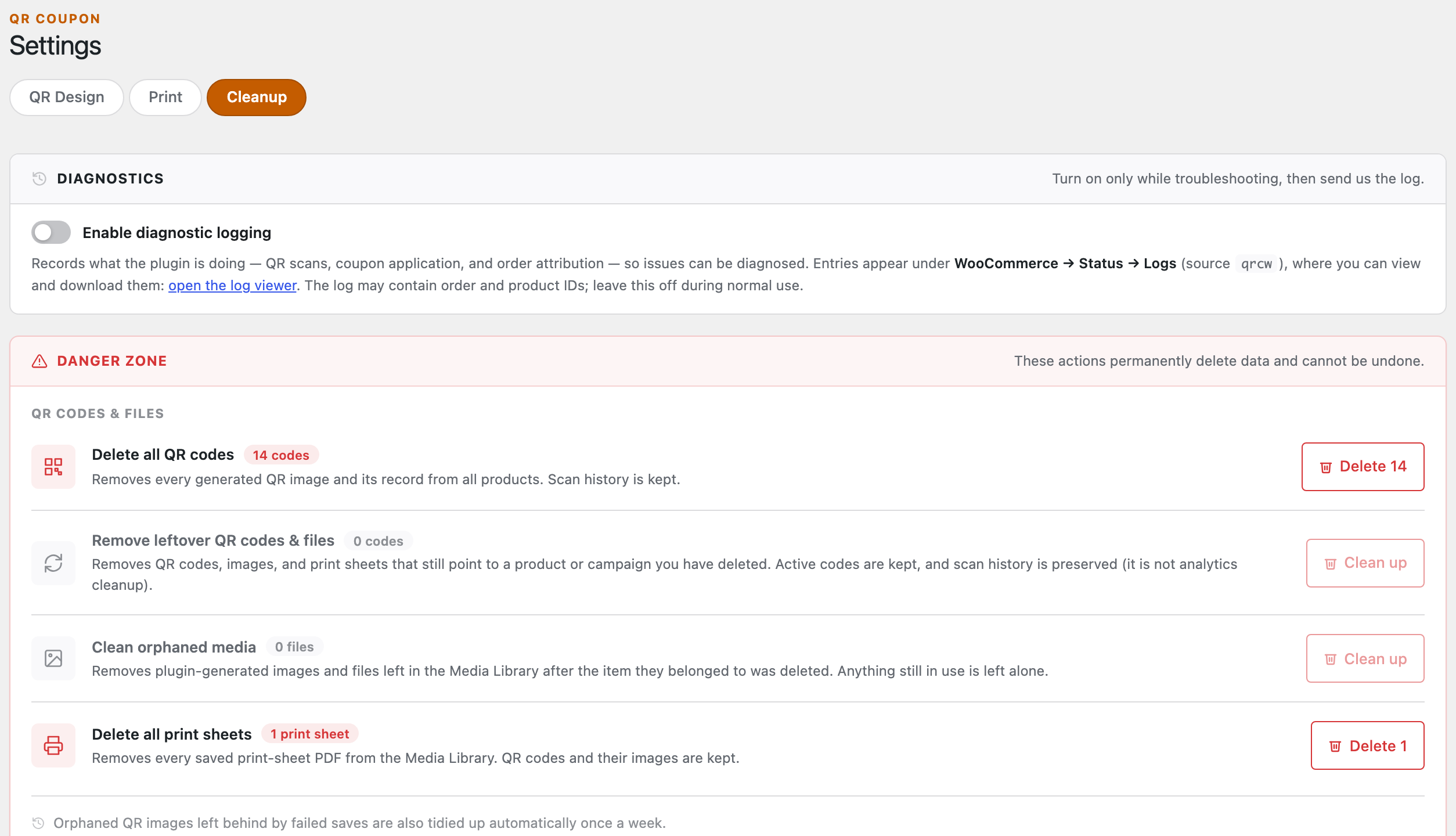 The Settings Cleanup tab: a Diagnostics section with an Enable diagnostic logging toggle (off), and a Danger Zone with maintenance actions for QR codes and files — delete all codes, remove leftover codes, clean orphaned media, delete print sheets — each showing a live count.